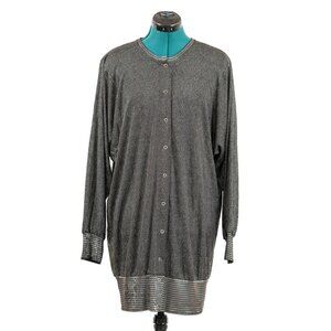 Vintage 80s Black and Silver Metallic Textured Long Sleeve Shirt Tunic Women's M